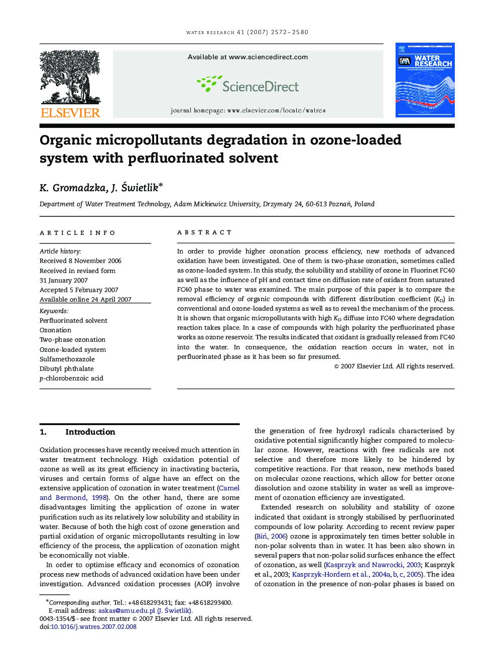 Organic micropollutants degradation in ozone-loaded system with perfluorinated solvent