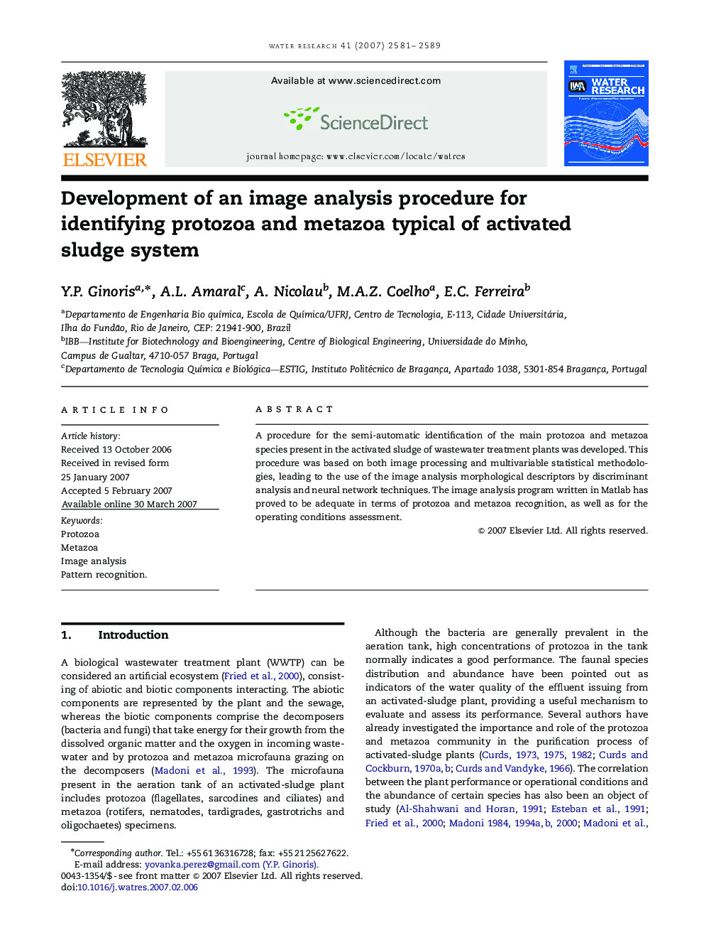 Development of an image analysis procedure for identifying protozoa and metazoa typical of activated sludge system