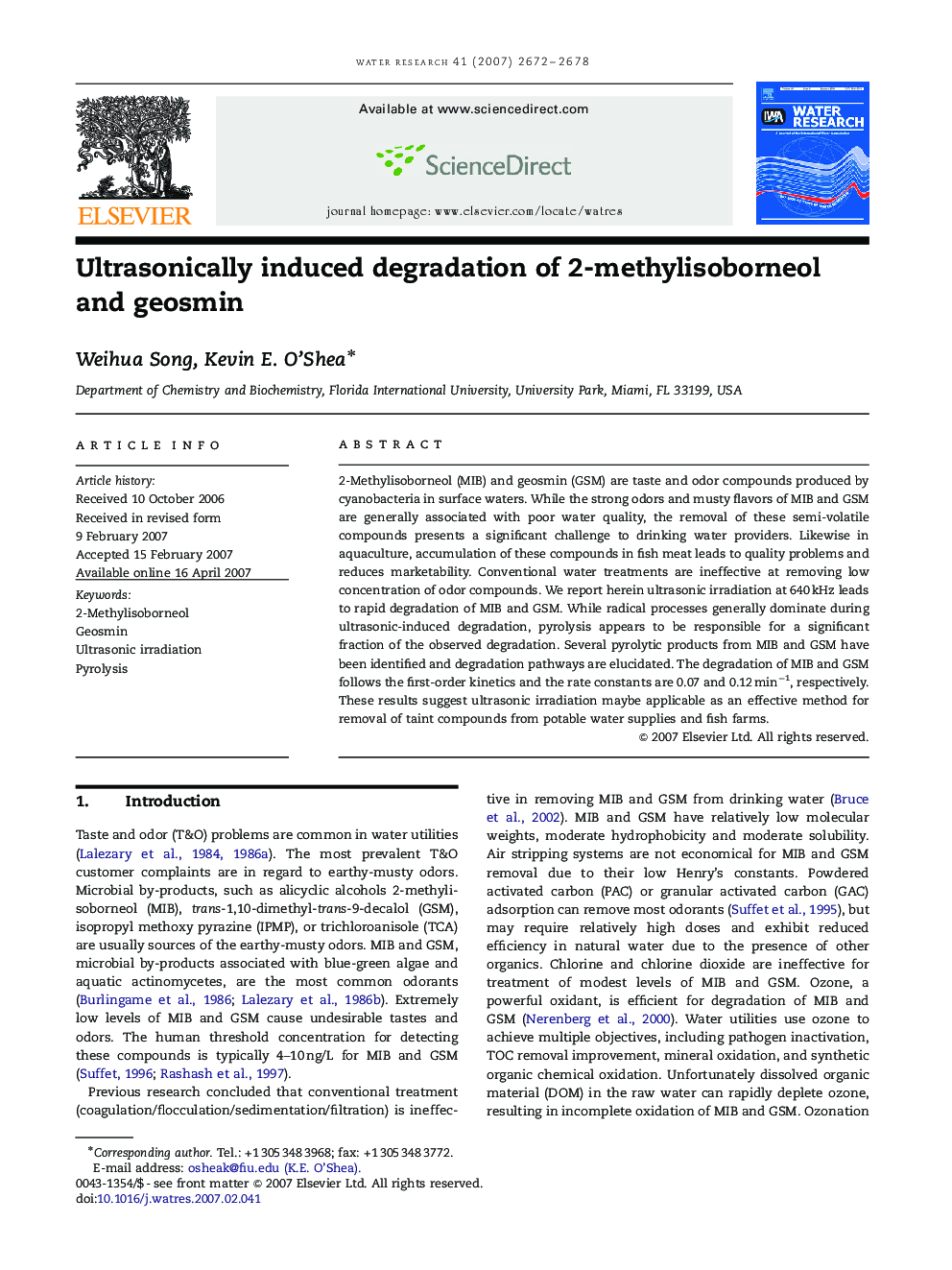 Ultrasonically induced degradation of 2-methylisoborneol and geosmin