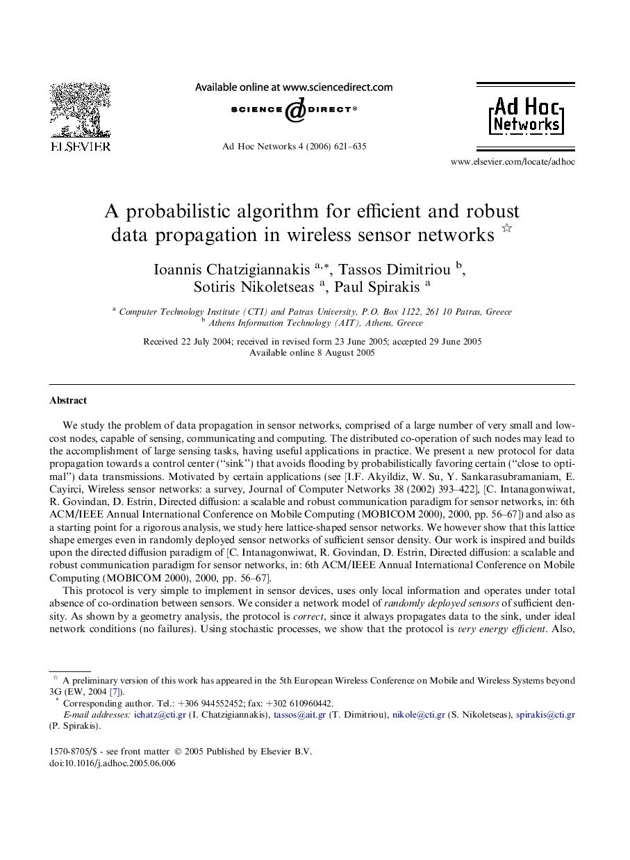 A probabilistic algorithm for efficient and robust data propagation in wireless sensor networks 