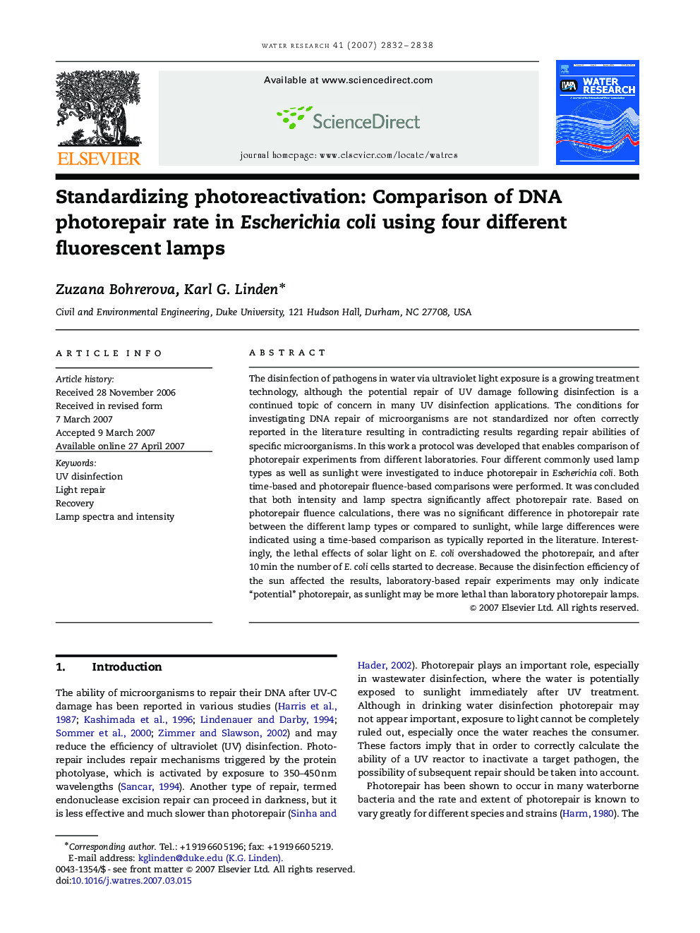 Standardizing photoreactivation: Comparison of DNA photorepair rate in Escherichia coli using four different fluorescent lamps