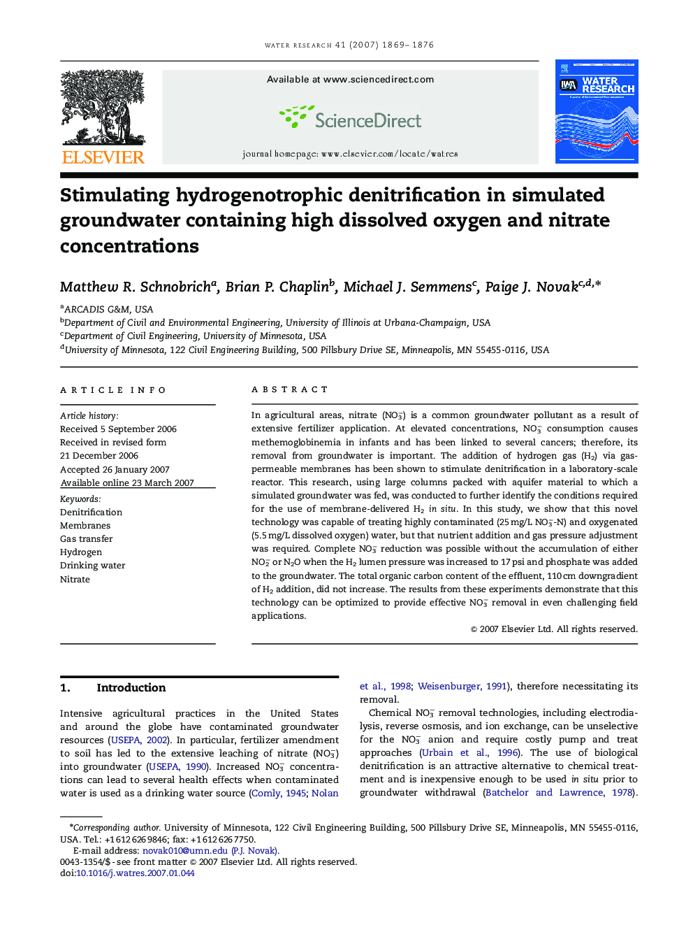 Stimulating hydrogenotrophic denitrification in simulated groundwater containing high dissolved oxygen and nitrate concentrations