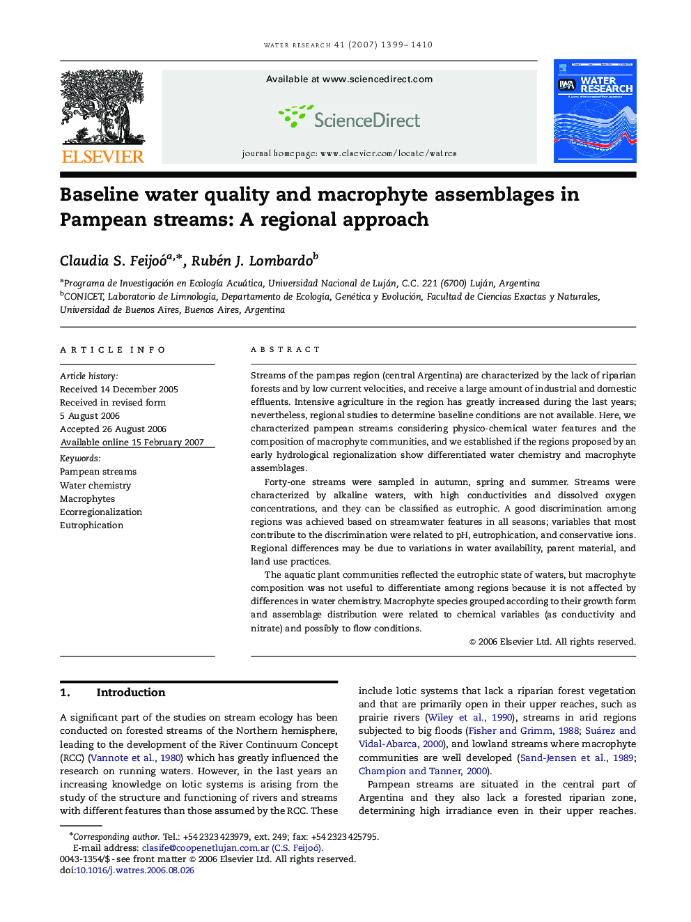 Baseline water quality and macrophyte assemblages in Pampean streams: A regional approach