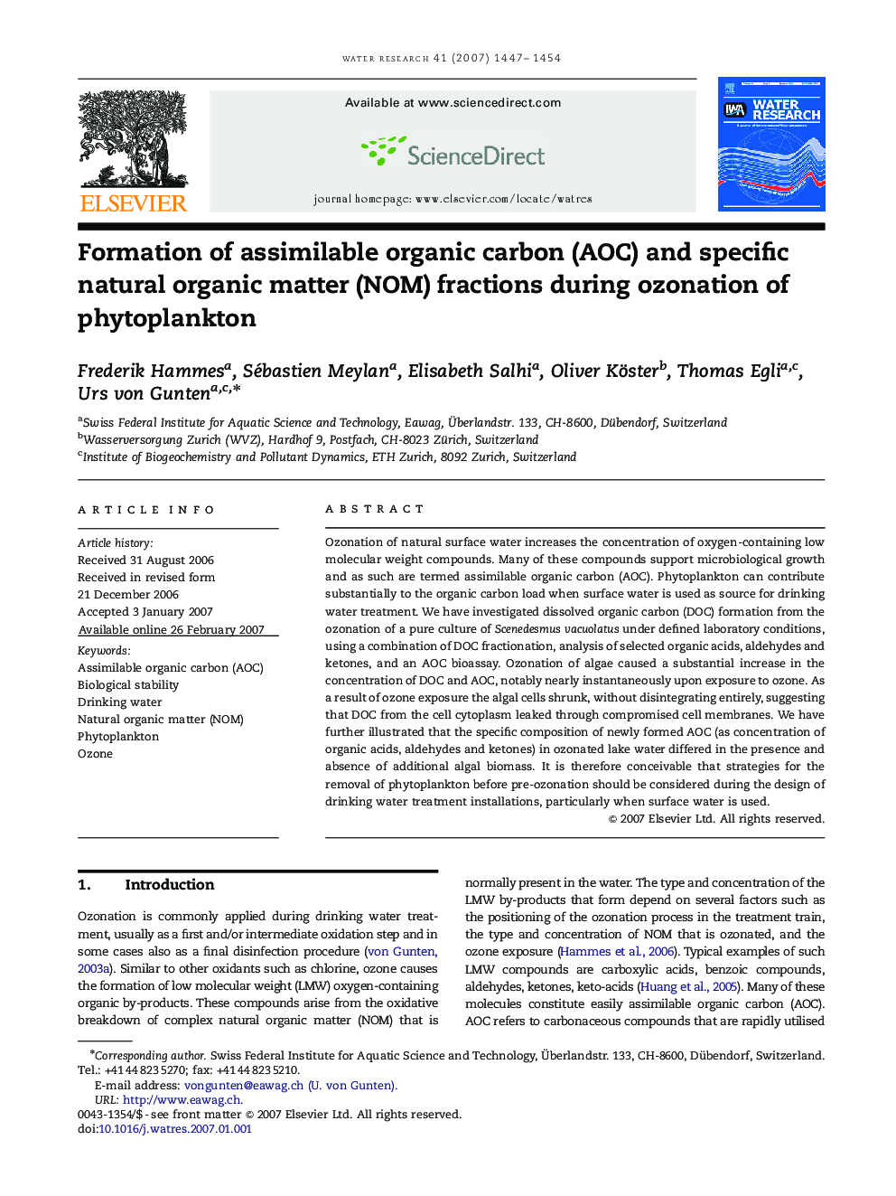 Formation of assimilable organic carbon (AOC) and specific natural organic matter (NOM) fractions during ozonation of phytoplankton