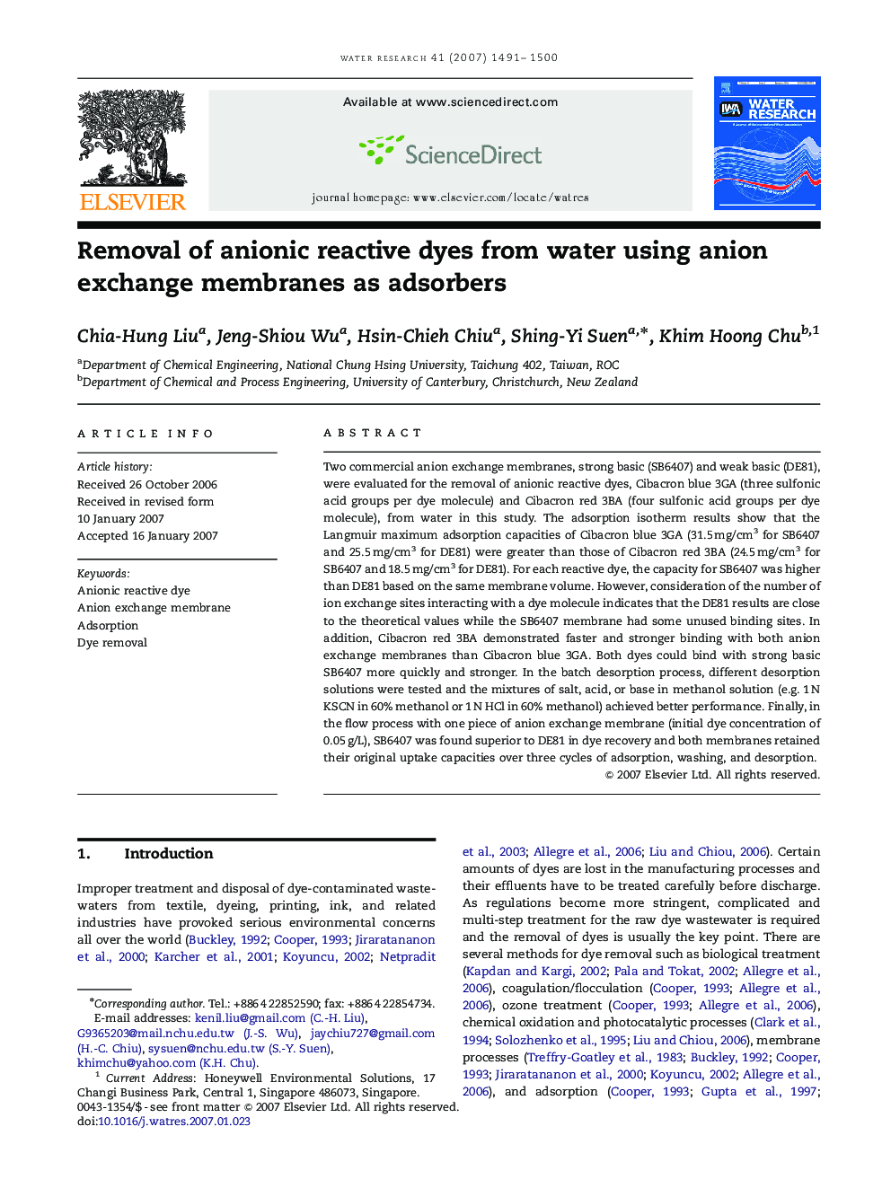 Removal of anionic reactive dyes from water using anion exchange membranes as adsorbers