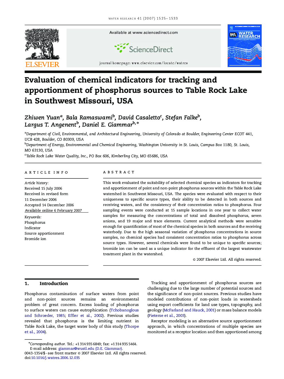 Evaluation of chemical indicators for tracking and apportionment of phosphorus sources to Table Rock Lake in Southwest Missouri, USA