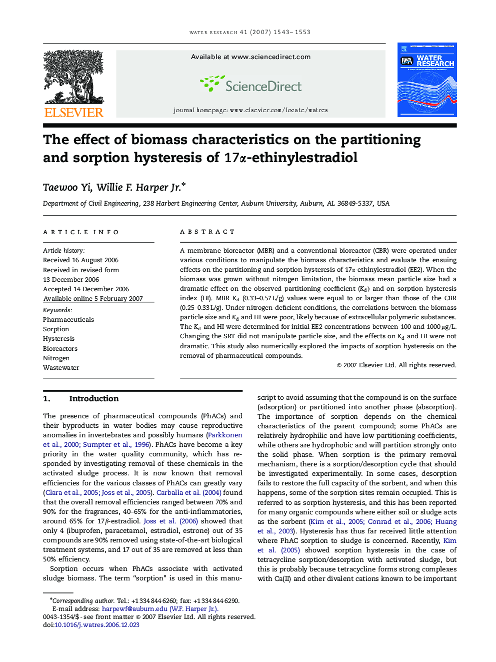 The effect of biomass characteristics on the partitioning and sorption hysteresis of 17α17α-ethinylestradiol