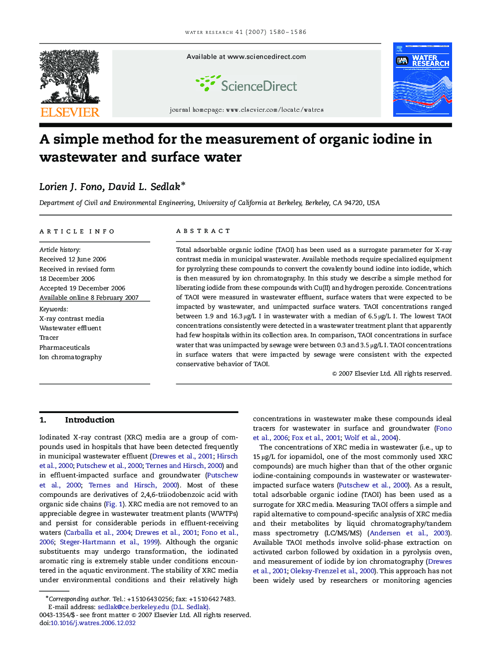 A simple method for the measurement of organic iodine in wastewater and surface water