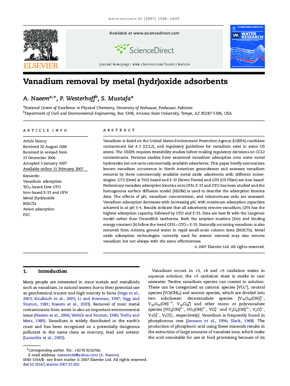 Vanadium removal by metal (hydr)oxide adsorbents