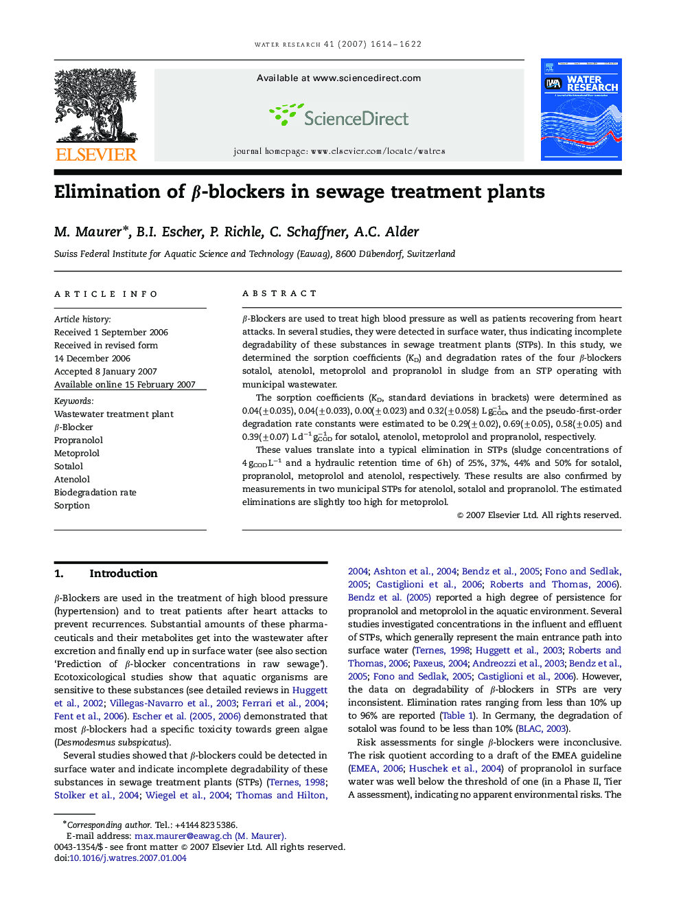 Elimination of β-blockers in sewage treatment plants