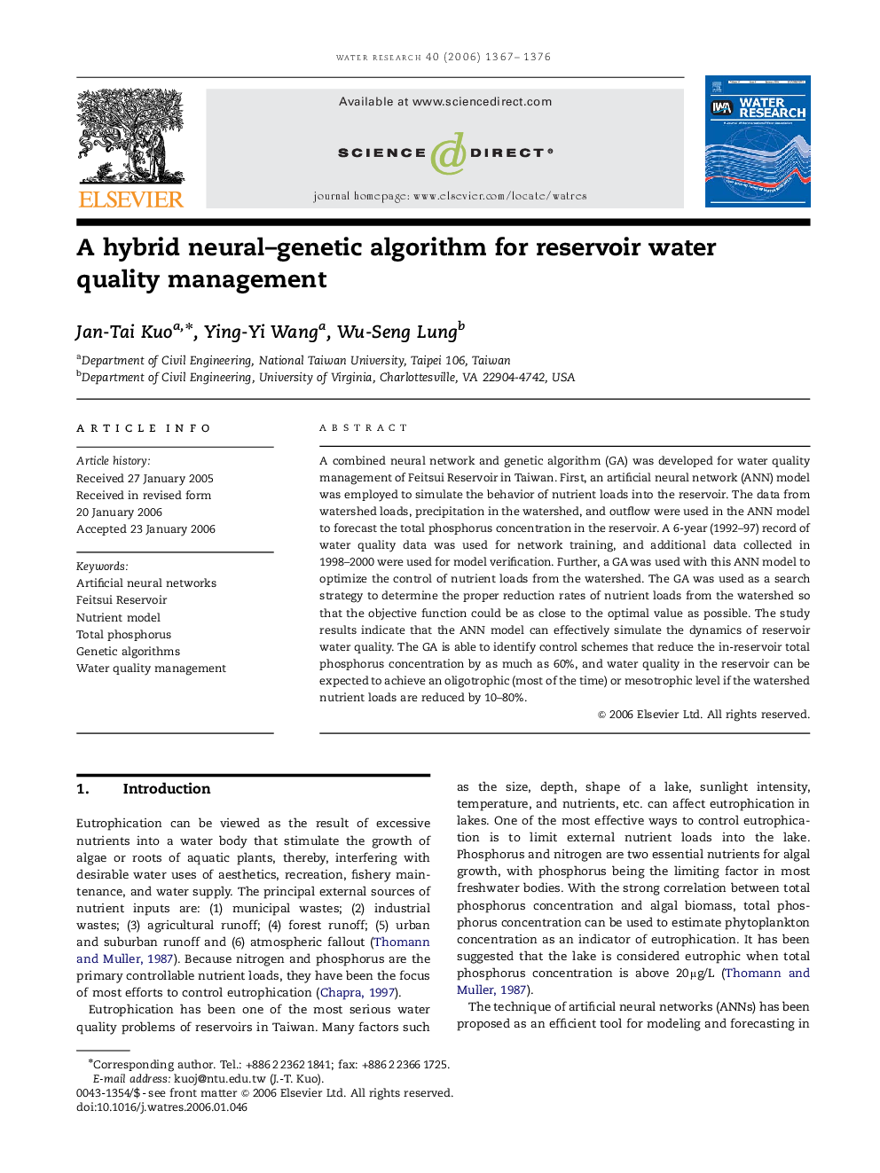 A hybrid neural–genetic algorithm for reservoir water quality management