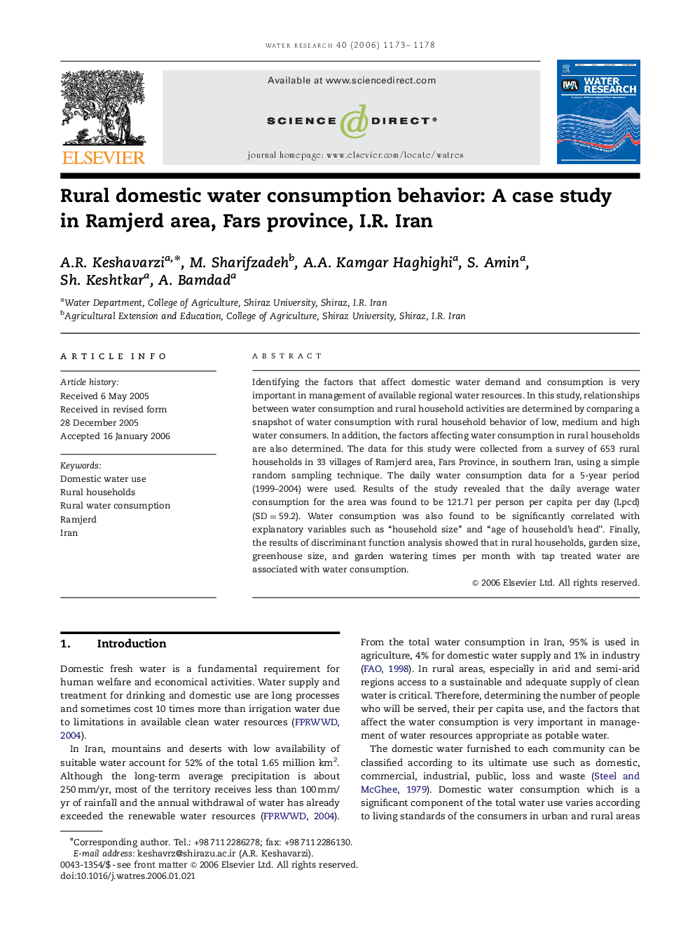 Rural domestic water consumption behavior: A case study in Ramjerd area, Fars province, I.R. Iran