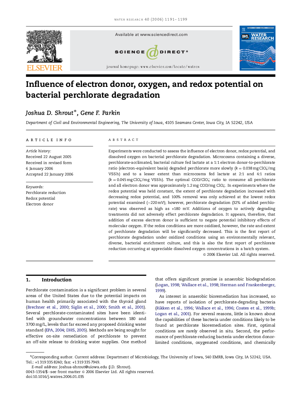 Influence of electron donor, oxygen, and redox potential on bacterial perchlorate degradation