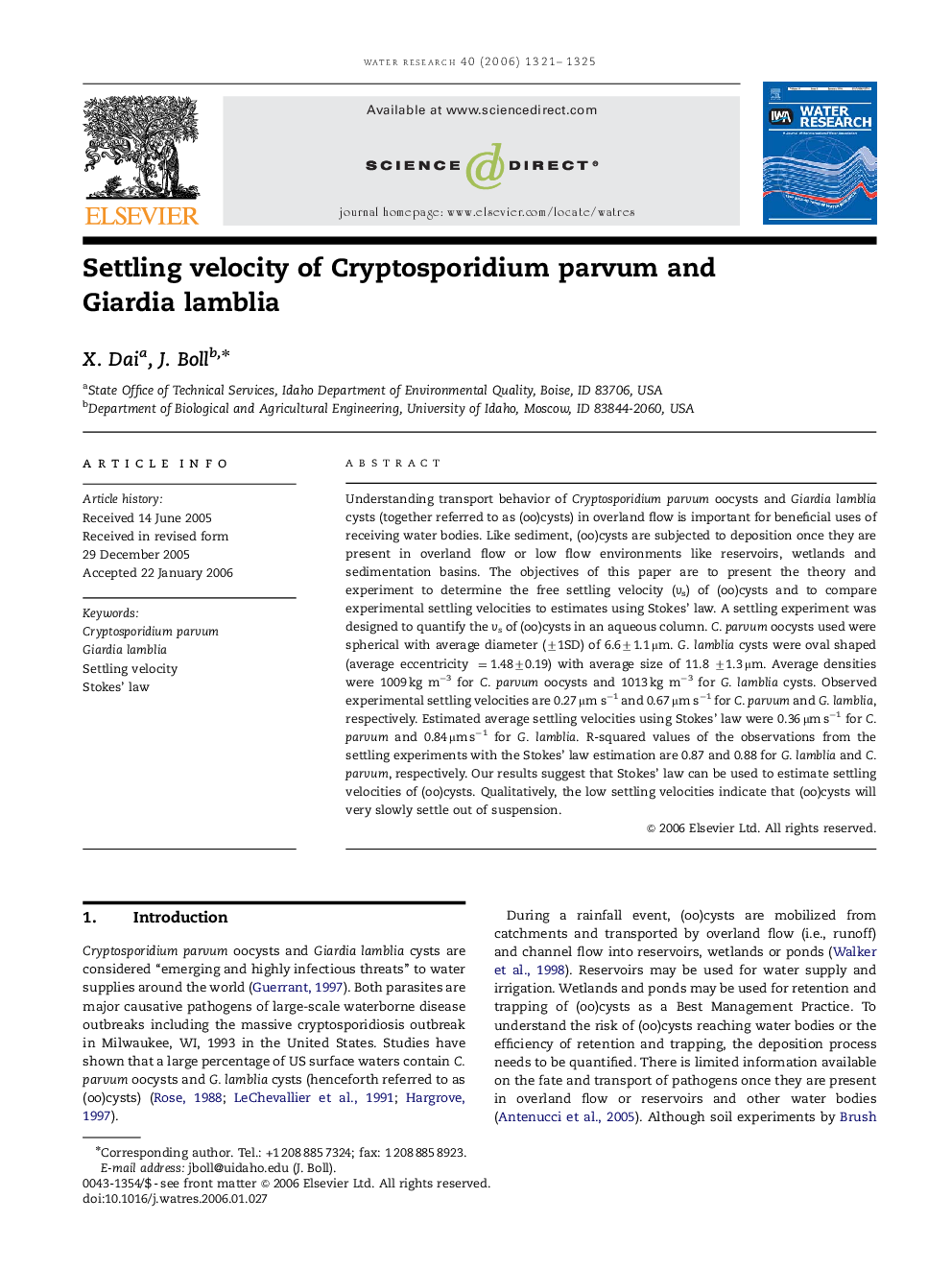 Settling velocity of Cryptosporidium parvum and Giardia lamblia