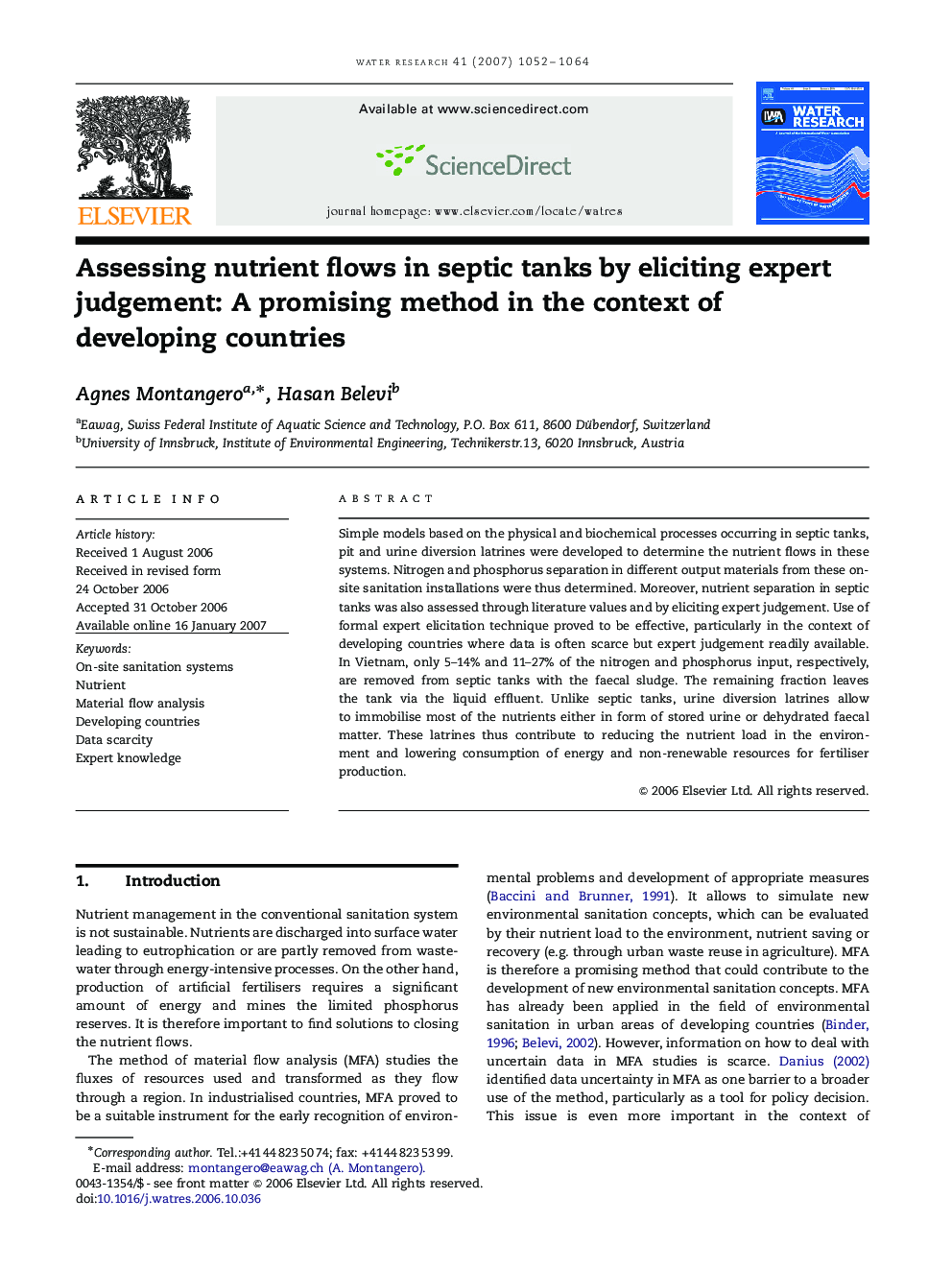 Assessing nutrient flows in septic tanks by eliciting expert judgement: A promising method in the context of developing countries