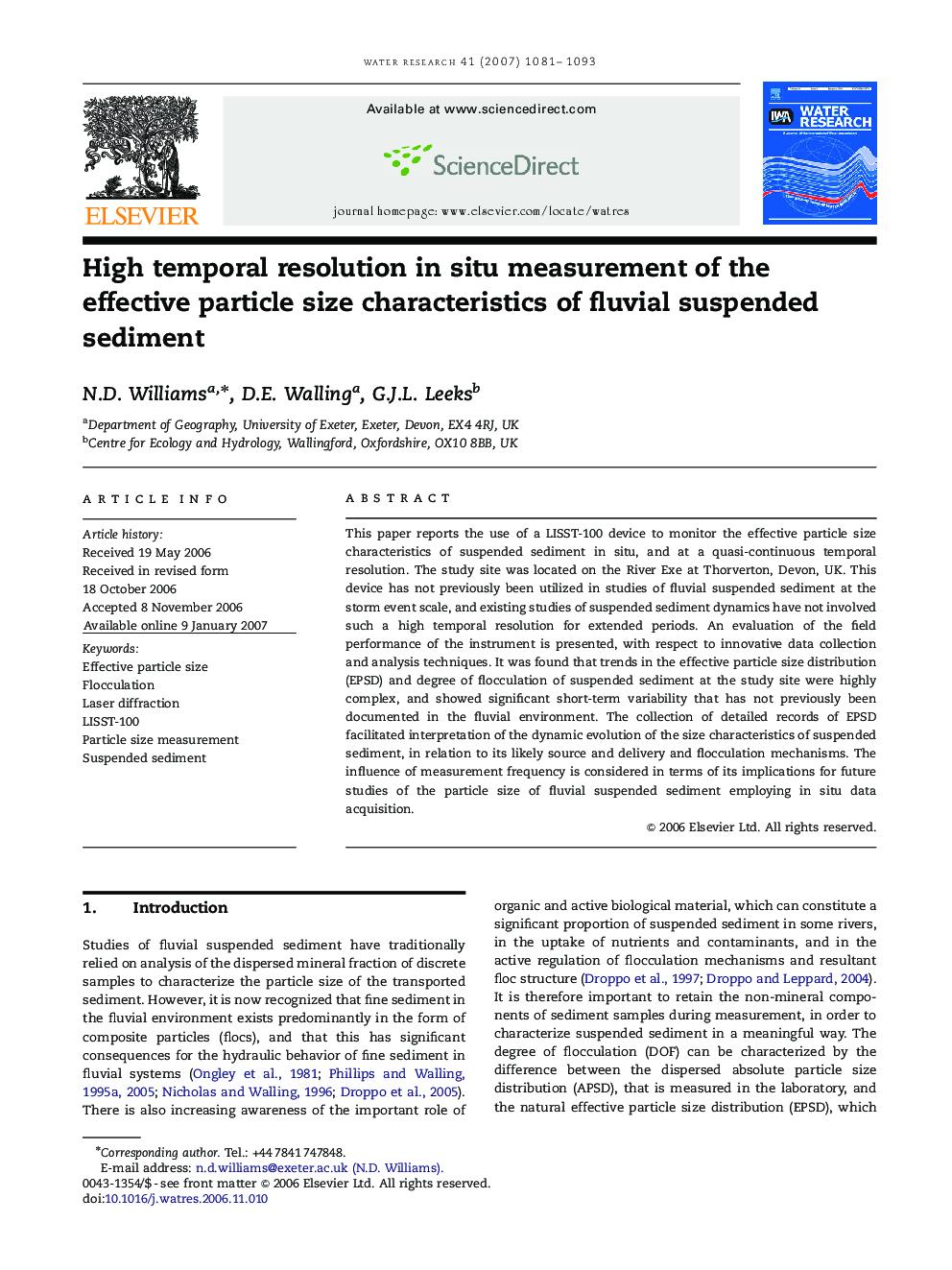 High temporal resolution in situ measurement of the effective particle size characteristics of fluvial suspended sediment