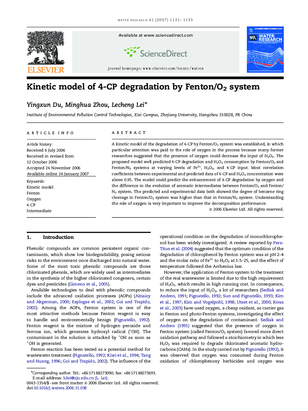 Kinetic model of 4-CP degradation by Fenton/O2 system