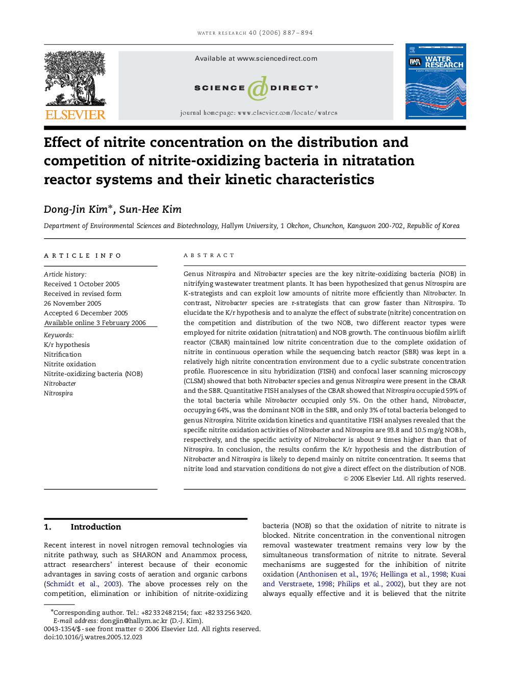 Effect of nitrite concentration on the distribution and competition of nitrite-oxidizing bacteria in nitratation reactor systems and their kinetic characteristics