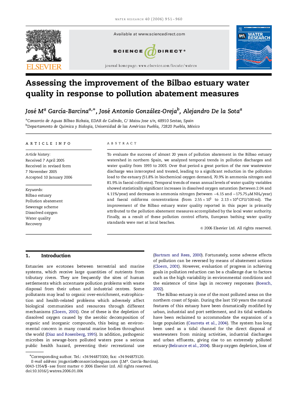 Assessing the improvement of the Bilbao estuary water quality in response to pollution abatement measures