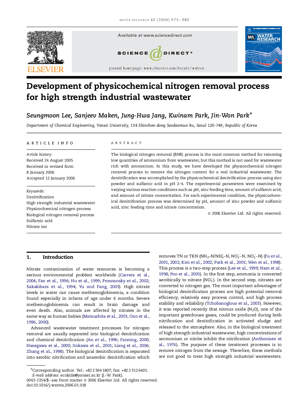 Development of physicochemical nitrogen removal process for high strength industrial wastewater