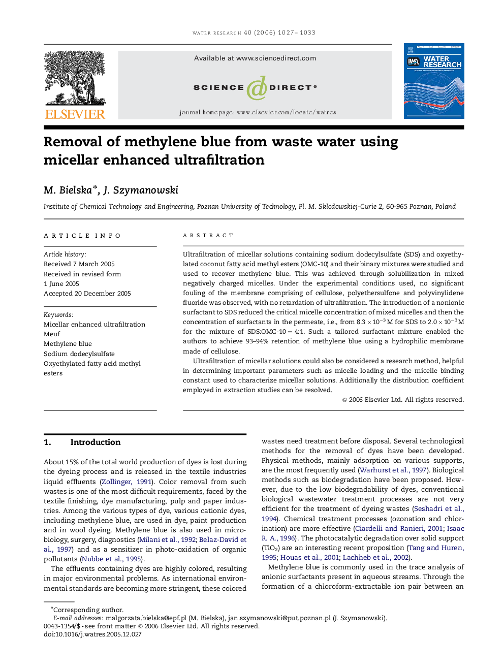 Removal of methylene blue from waste water using micellar enhanced ultrafiltration