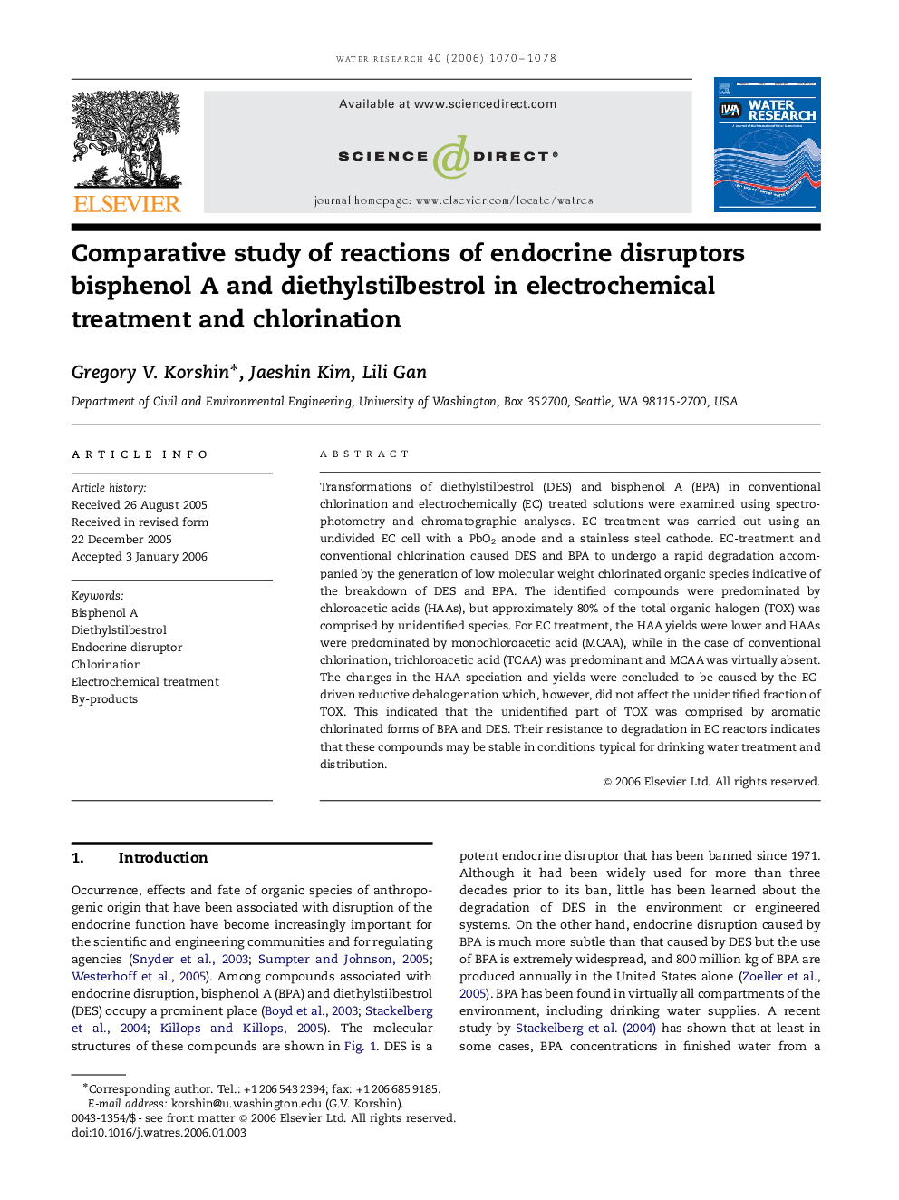 Comparative study of reactions of endocrine disruptors bisphenol A and diethylstilbestrol in electrochemical treatment and chlorination