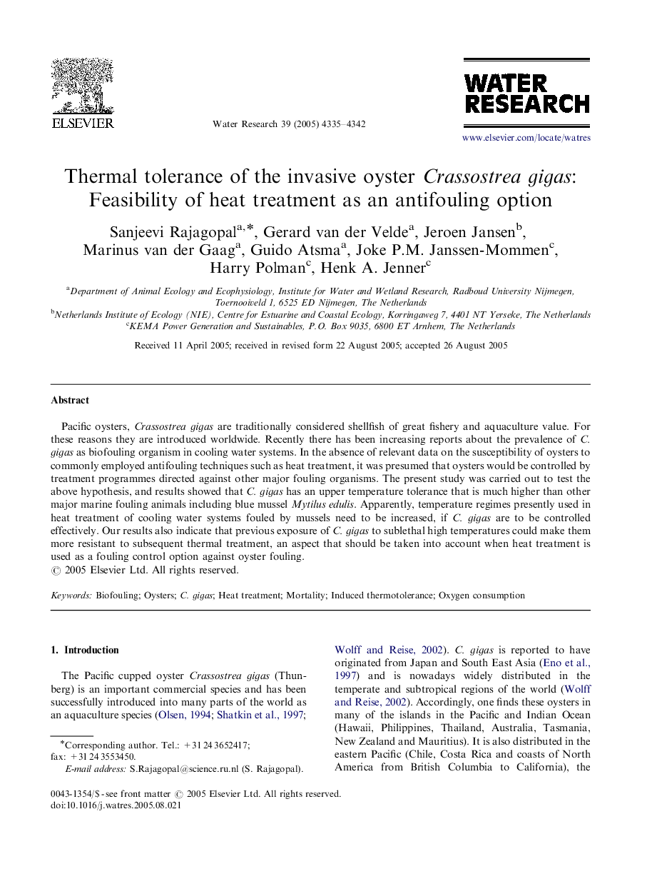 Thermal tolerance of the invasive oyster Crassostrea gigas: Feasibility of heat treatment as an antifouling option