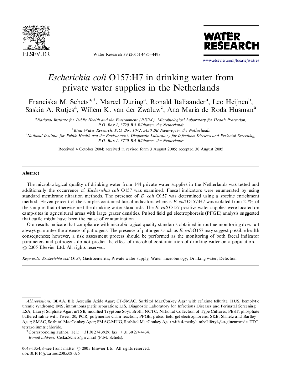 Escherichia coli O157:H7 in drinking water from private water supplies in the Netherlands