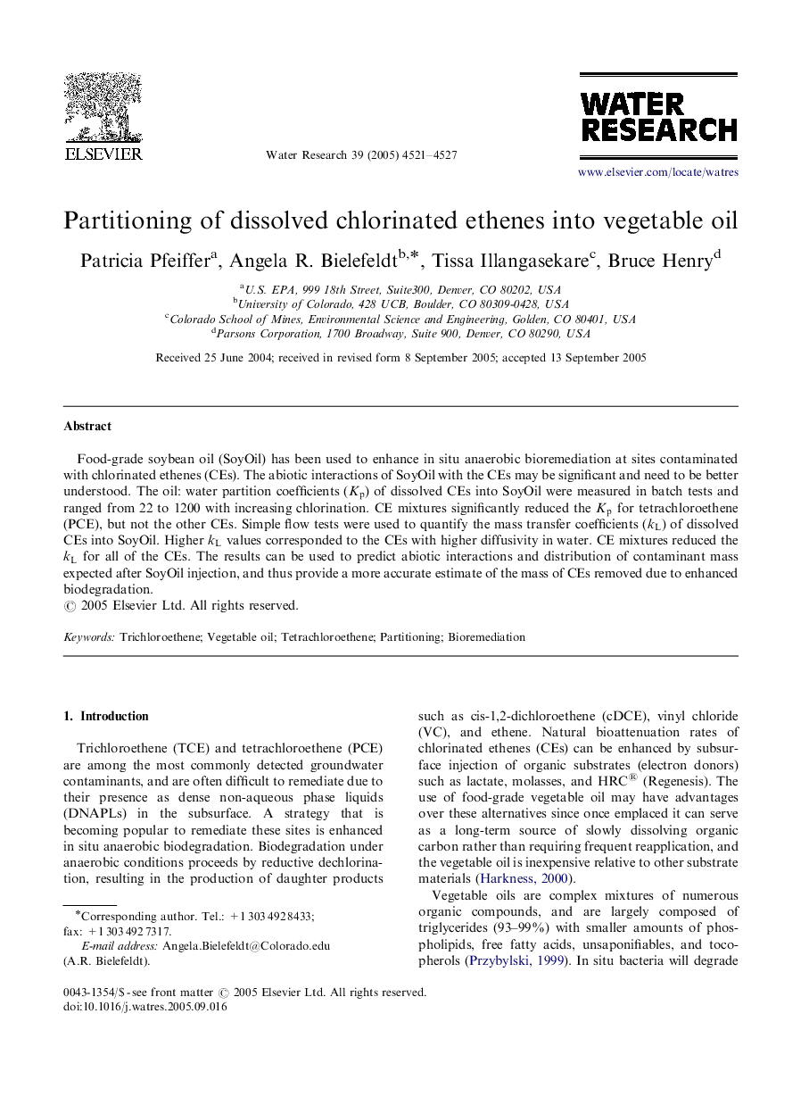 Partitioning of dissolved chlorinated ethenes into vegetable oil