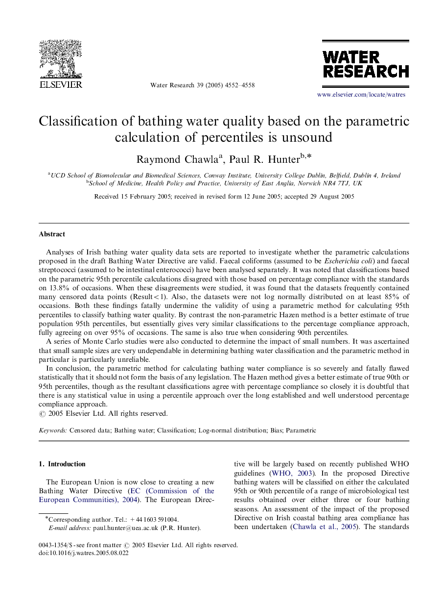 Classification of bathing water quality based on the parametric calculation of percentiles is unsound