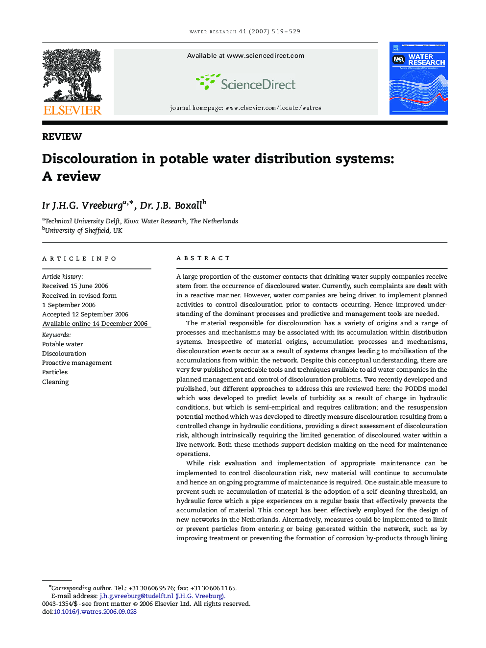 Discolouration in potable water distribution systems: A review
