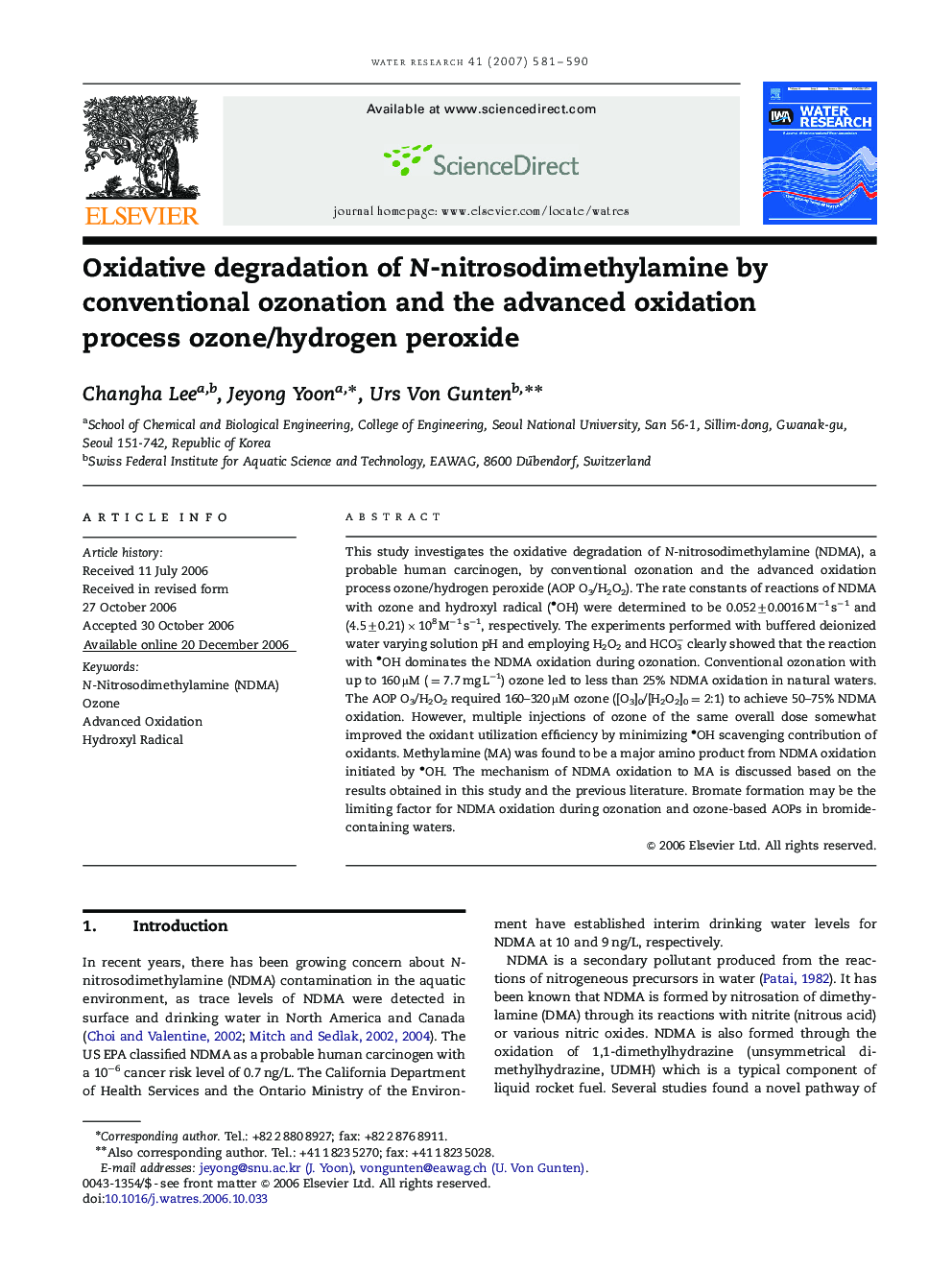 Oxidative degradation of N-nitrosodimethylamine by conventional ozonation and the advanced oxidation process ozone/hydrogen peroxide