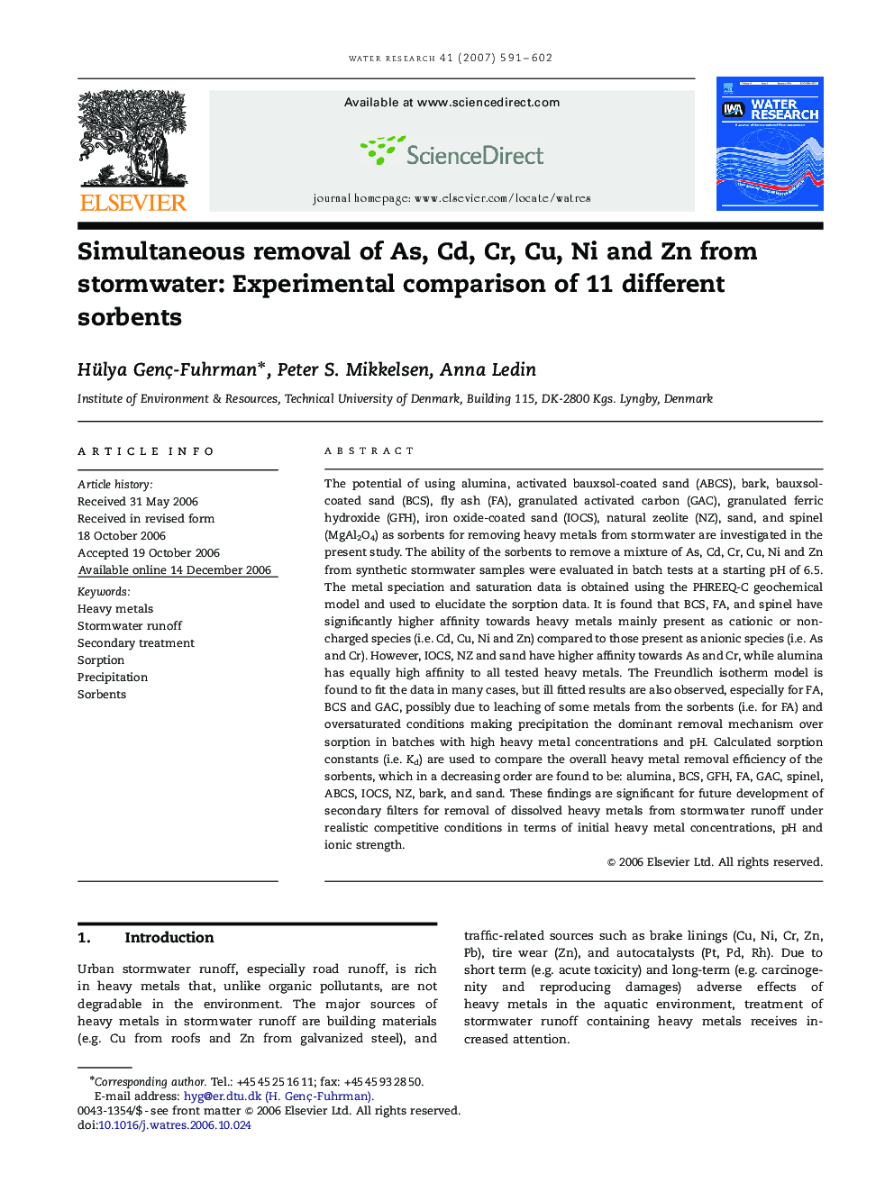 Simultaneous removal of As, Cd, Cr, Cu, Ni and Zn from stormwater: Experimental comparison of 11 different sorbents