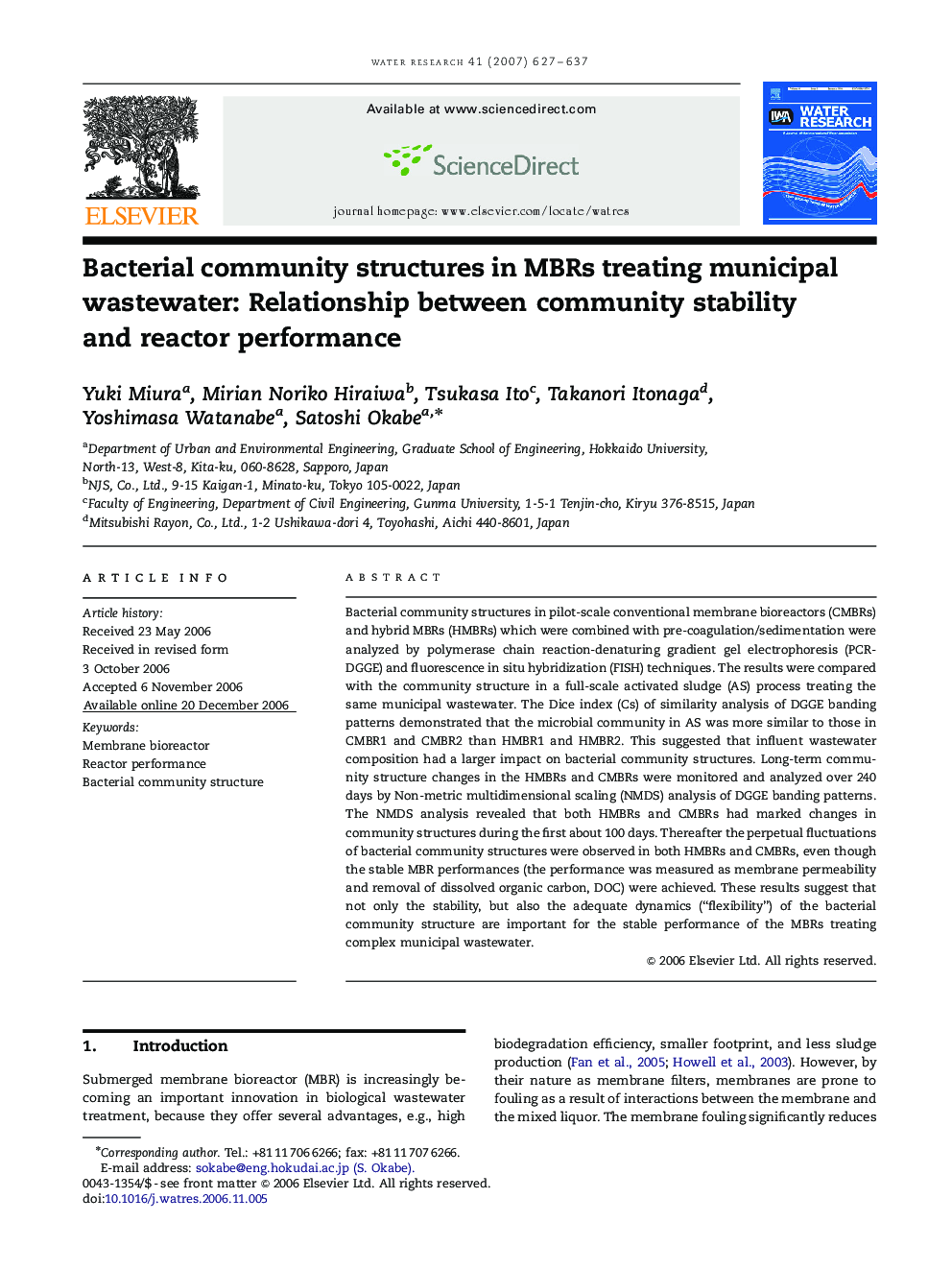 Bacterial community structures in MBRs treating municipal wastewater: Relationship between community stability and reactor performance