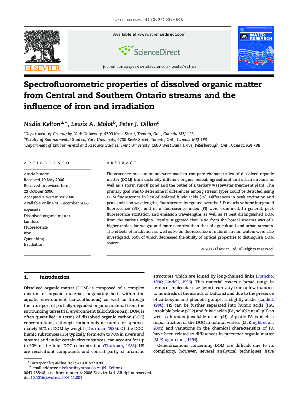 Spectrofluorometric properties of dissolved organic matter from Central and Southern Ontario streams and the influence of iron and irradiation