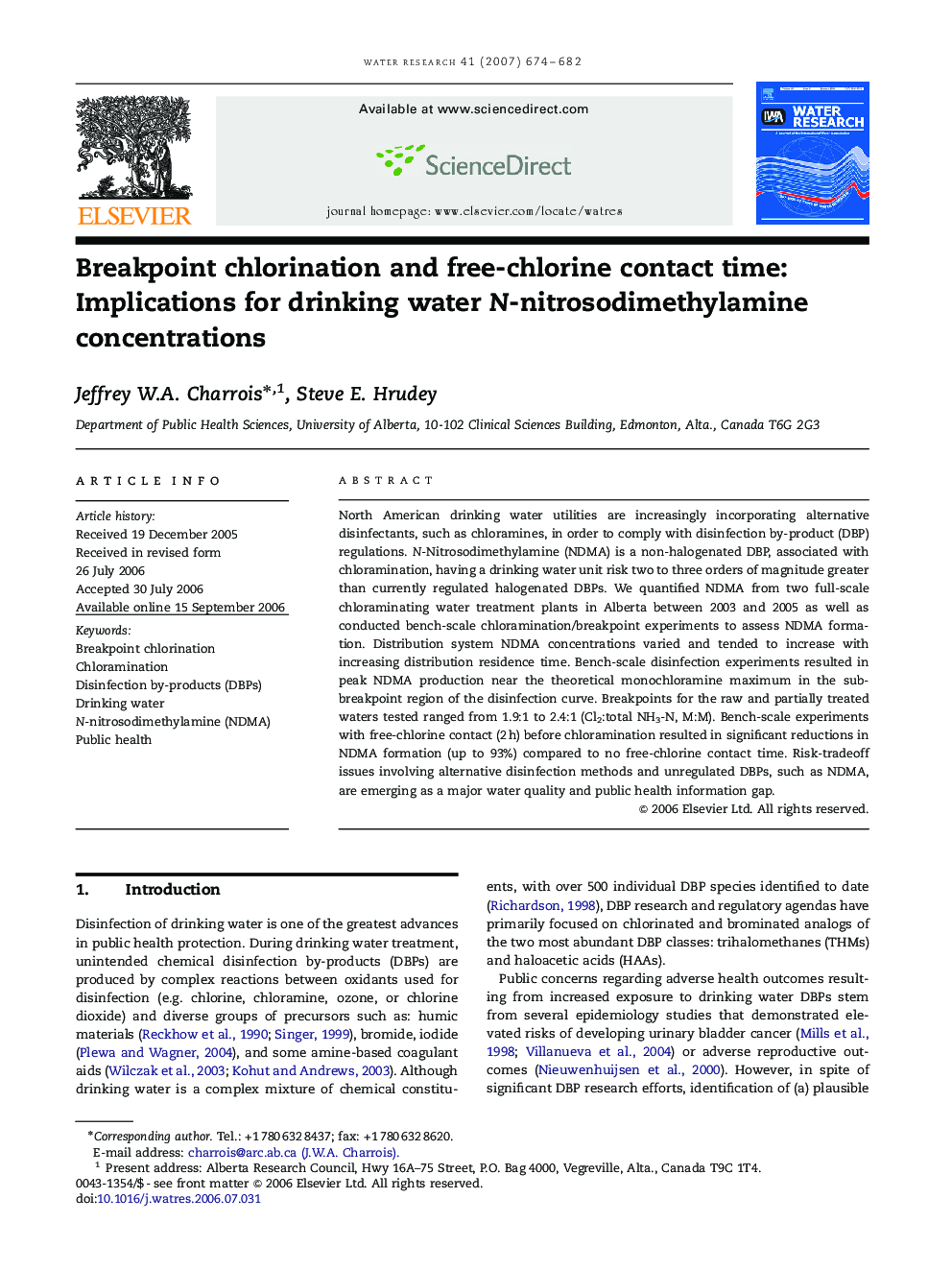 Breakpoint chlorination and free-chlorine contact time: Implications for drinking water N-nitrosodimethylamine concentrations