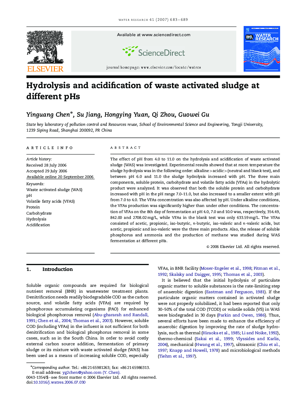 Hydrolysis and acidification of waste activated sludge at different pHs