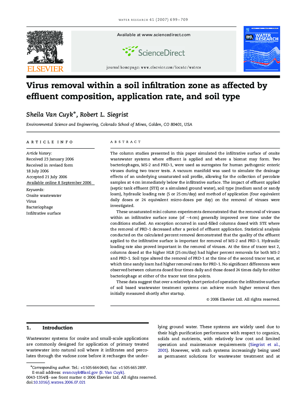 Virus removal within a soil infiltration zone as affected by effluent composition, application rate, and soil type
