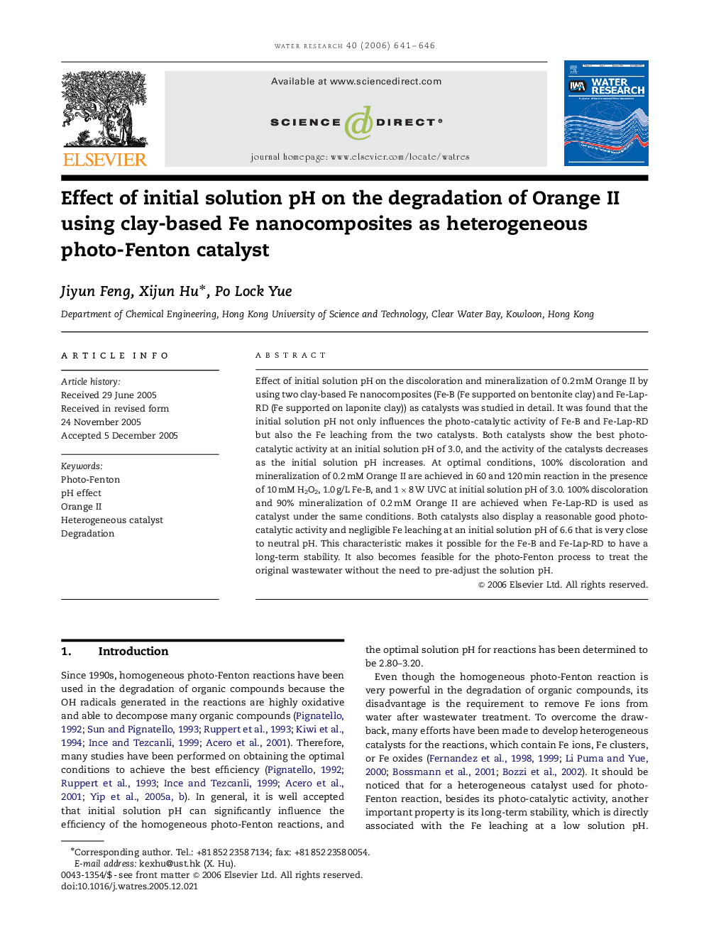 Effect of initial solution pH on the degradation of Orange II using clay-based Fe nanocomposites as heterogeneous photo-Fenton catalyst