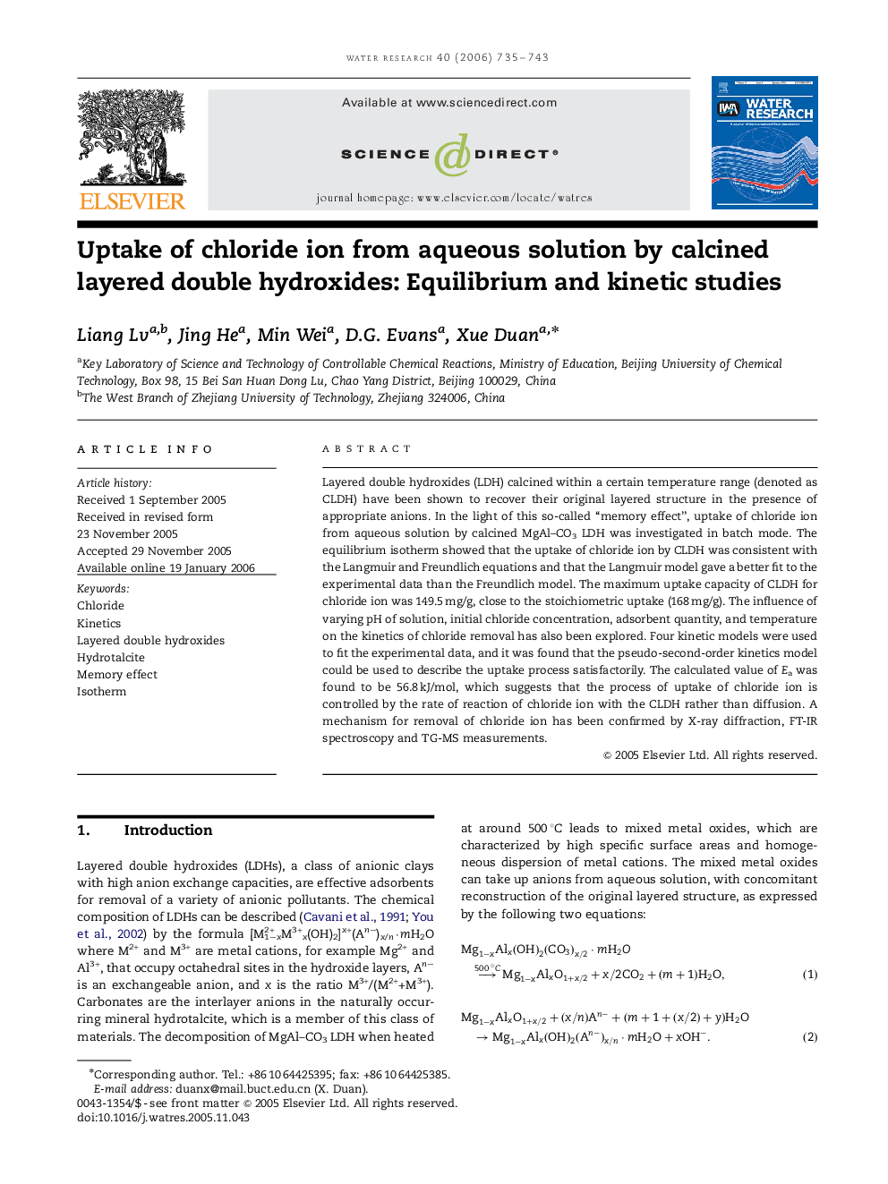 Uptake of chloride ion from aqueous solution by calcined layered double hydroxides: Equilibrium and kinetic studies