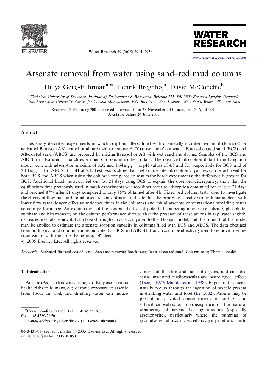 Arsenate removal from water using sand–red mud columns