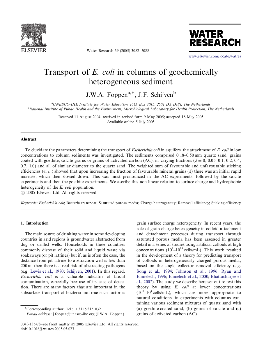 Transport of E. coli in columns of geochemically heterogeneous sediment