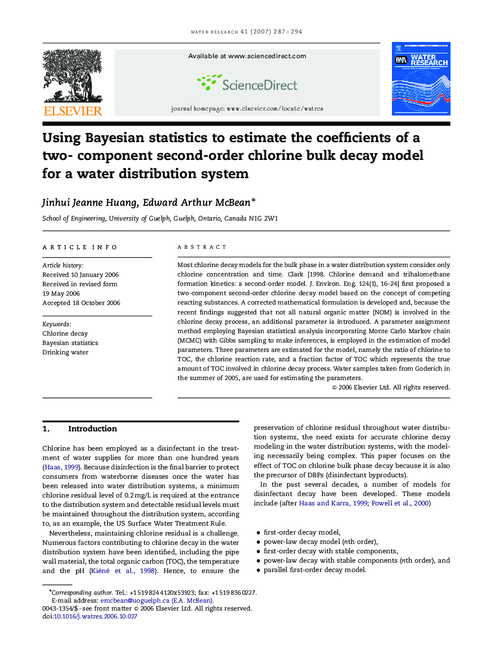 Using Bayesian statistics to estimate the coefficients of a two- component second-order chlorine bulk decay model for a water distribution system