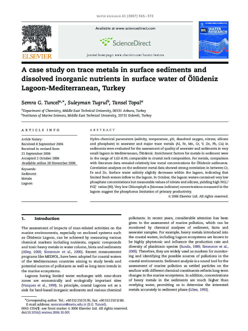 A case study on trace metals in surface sediments and dissolved inorganic nutrients in surface water of Ölüdeniz Lagoon-Mediterranean, Turkey