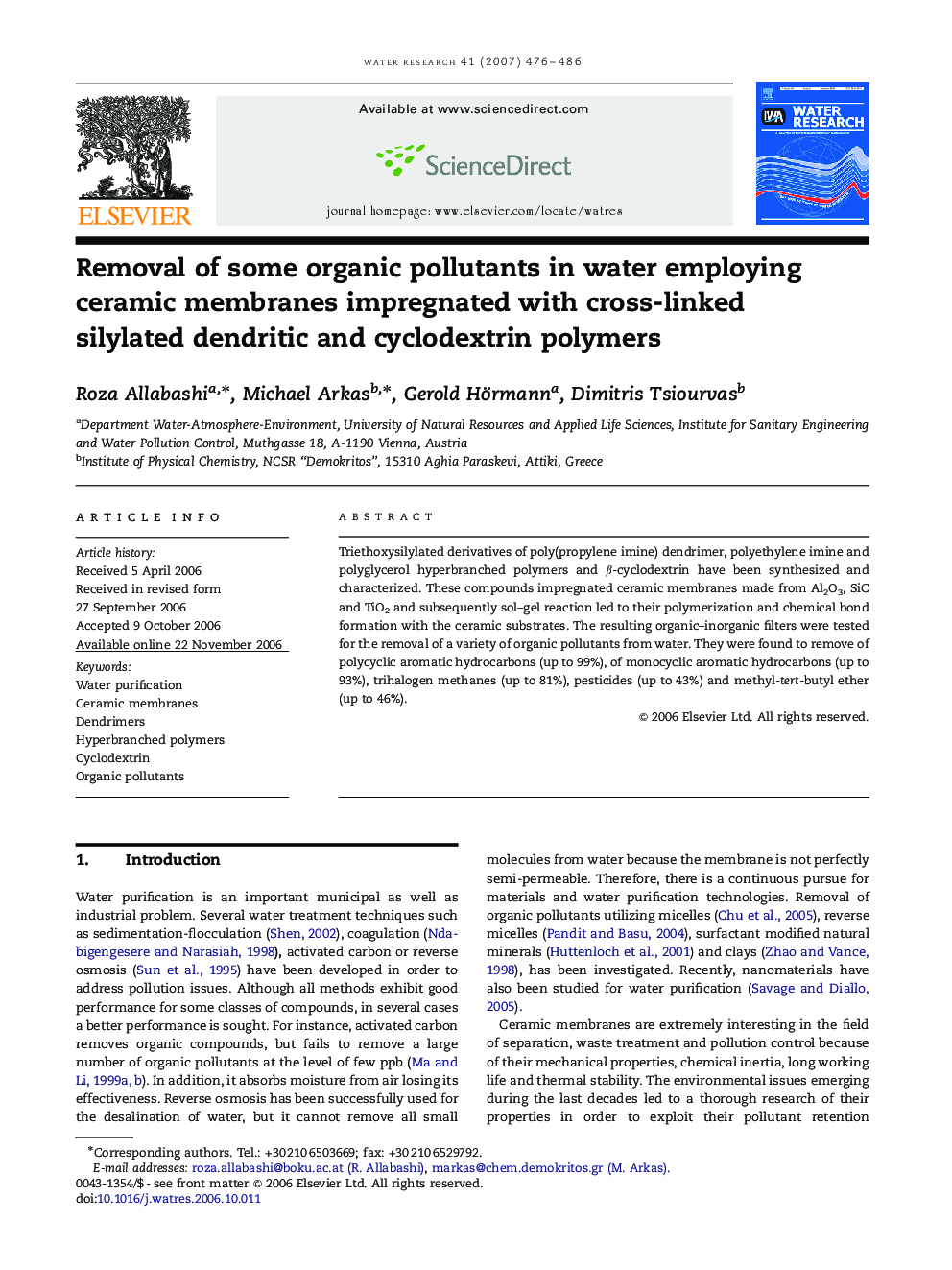 Removal of some organic pollutants in water employing ceramic membranes impregnated with cross-linked silylated dendritic and cyclodextrin polymers