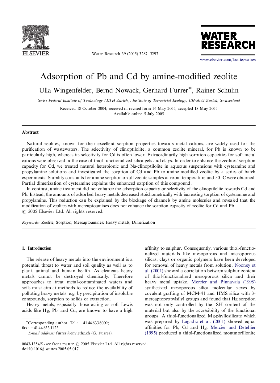 Adsorption of Pb and Cd by amine-modified zeolite