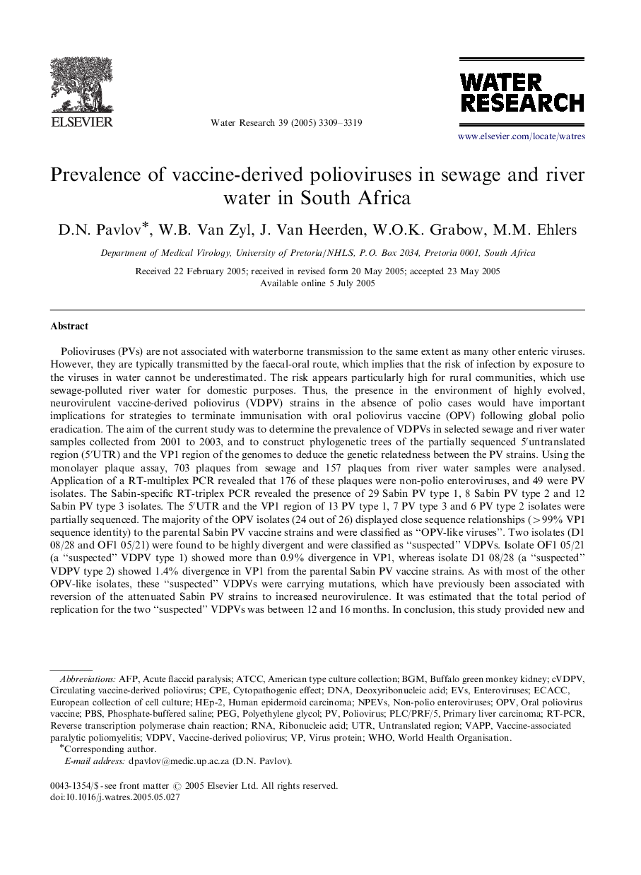 Prevalence of vaccine-derived polioviruses in sewage and river water in South Africa