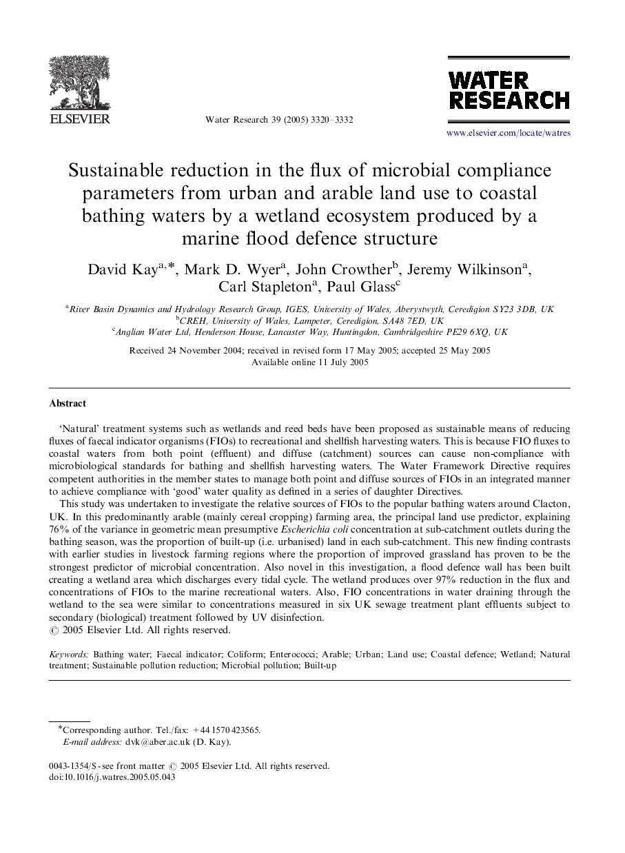 Sustainable reduction in the flux of microbial compliance parameters from urban and arable land use to coastal bathing waters by a wetland ecosystem produced by a marine flood defence structure