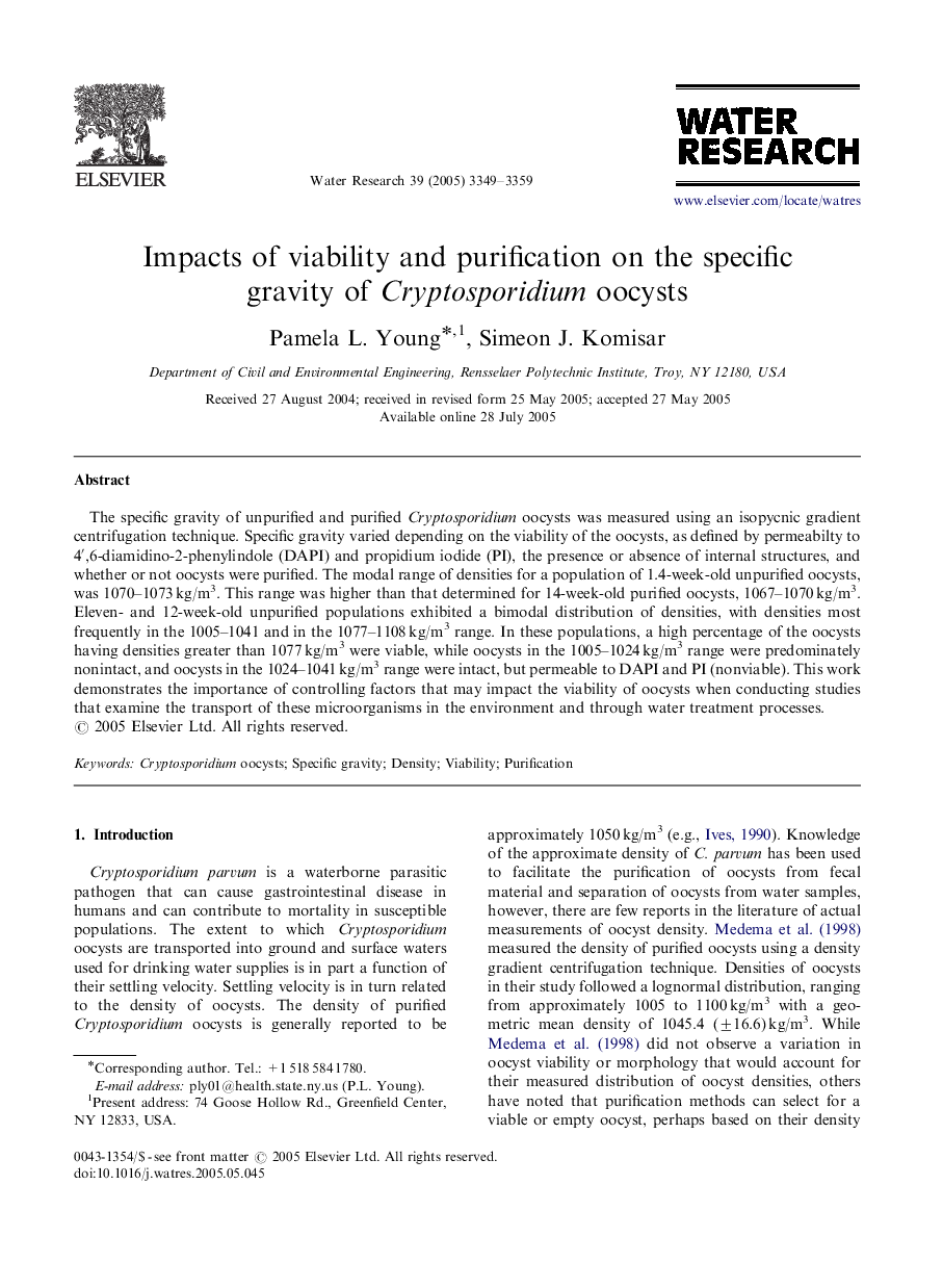 Impacts of viability and purification on the specific gravity of Cryptosporidium oocysts