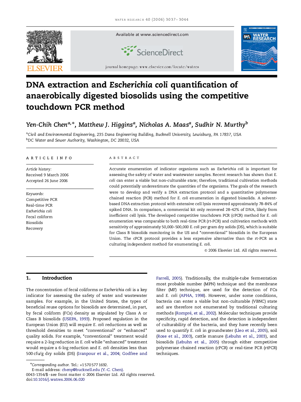 DNA extraction and Escherichia coli quantification of anaerobically digested biosolids using the competitive touchdown PCR method